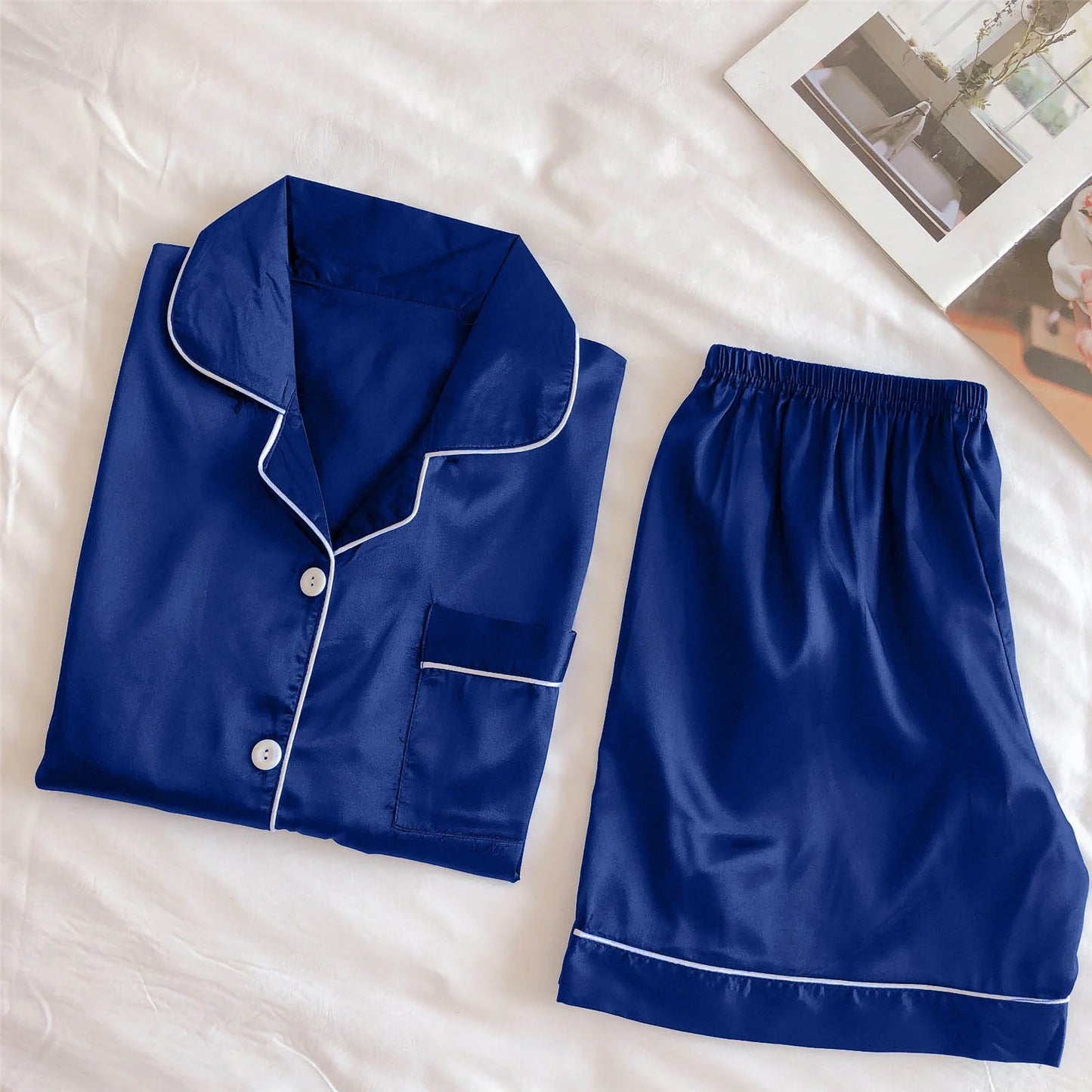 Satin Pajamas Set Women'S Short Sleeve Tops Sleepwear Soft Silk Button down Loungewear Comfy Pjs Shorts Set Homewear