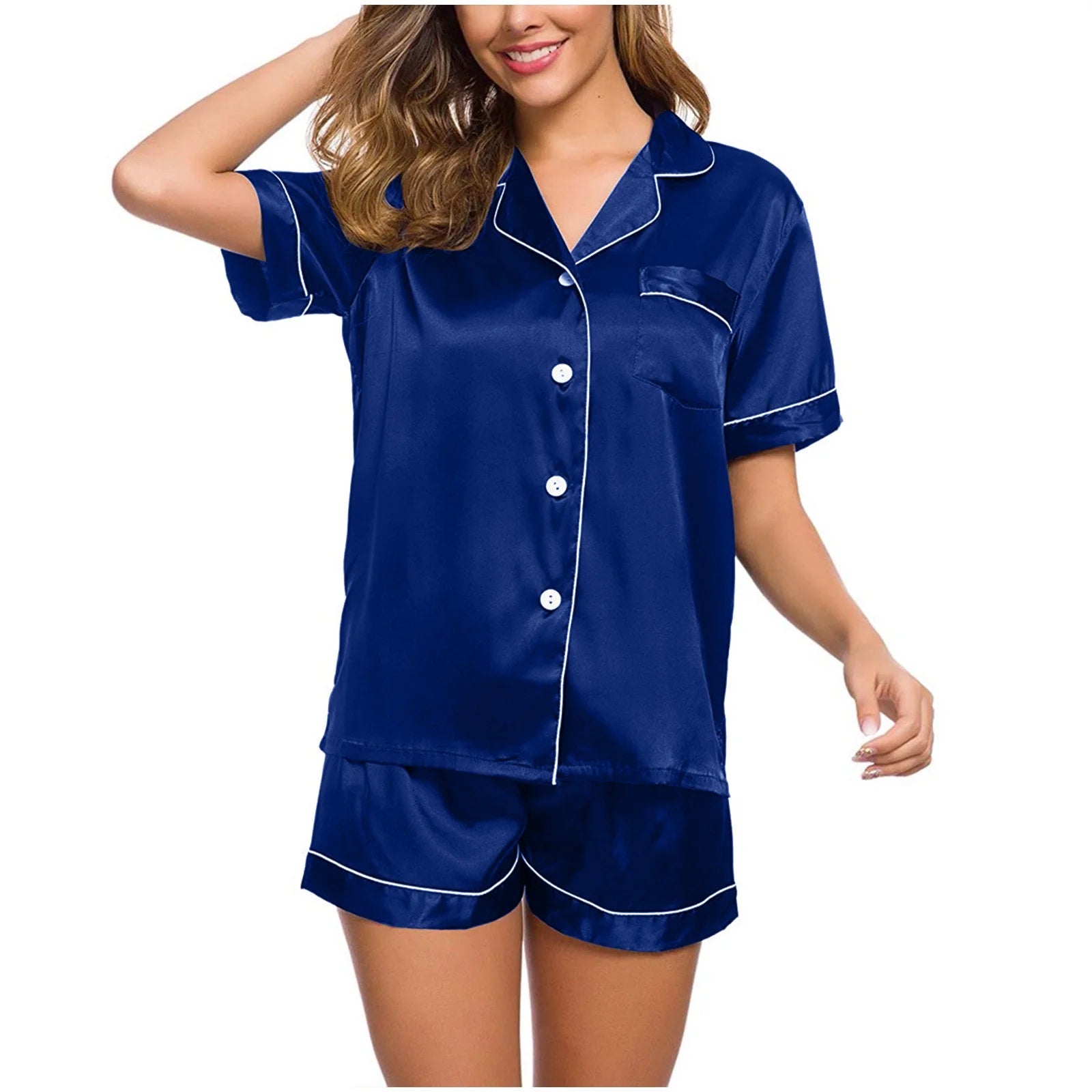 Satin Pajamas Set Women'S Short Sleeve Tops Sleepwear Soft Silk Button down Loungewear Comfy Pjs Shorts Set Homewear
