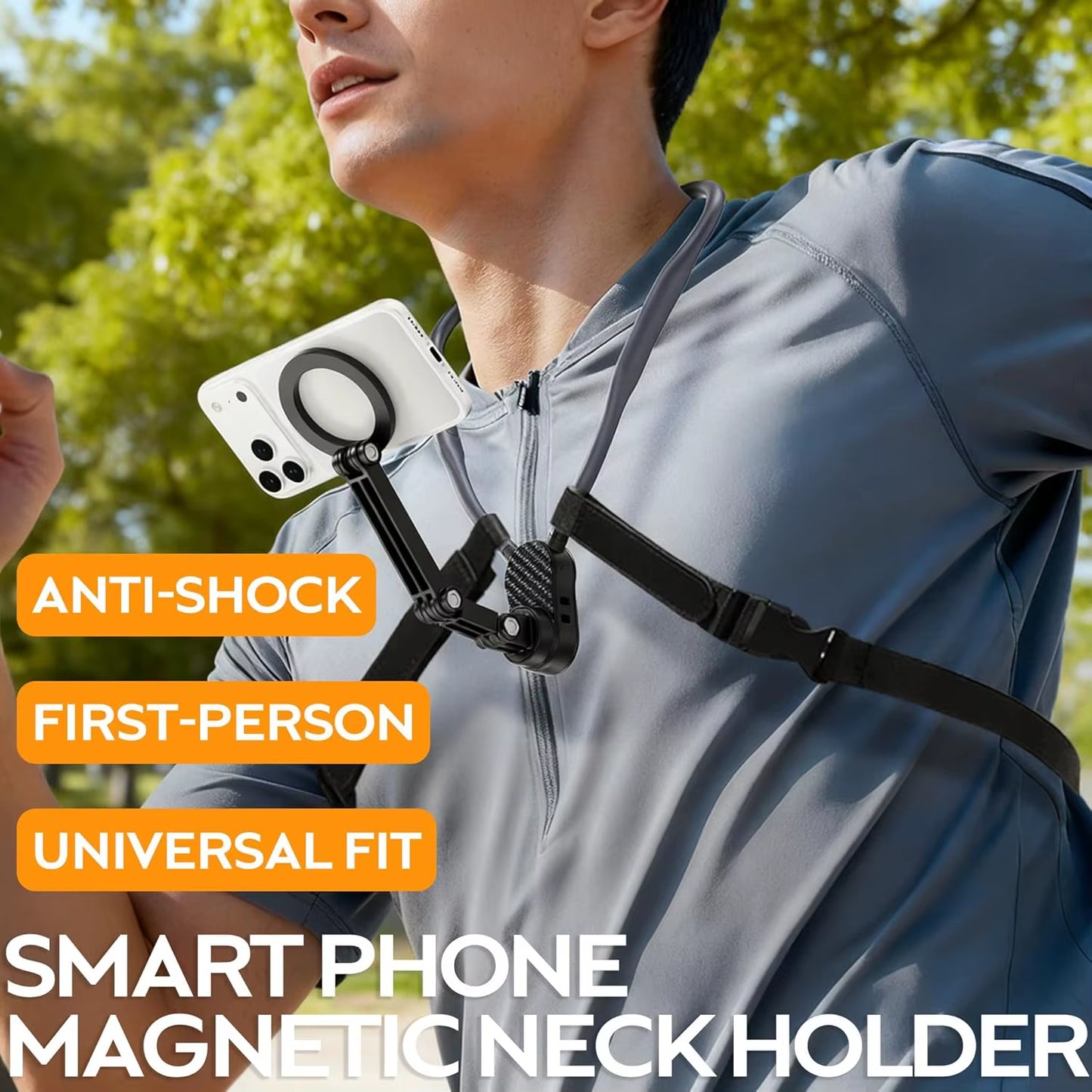 Magnetic Neck Phone Holder, Pov/Vlog Recording Selfie Hand Free Neck Mount, Cooking/Riding Video Fliming, Anti-Shake Chest Strap