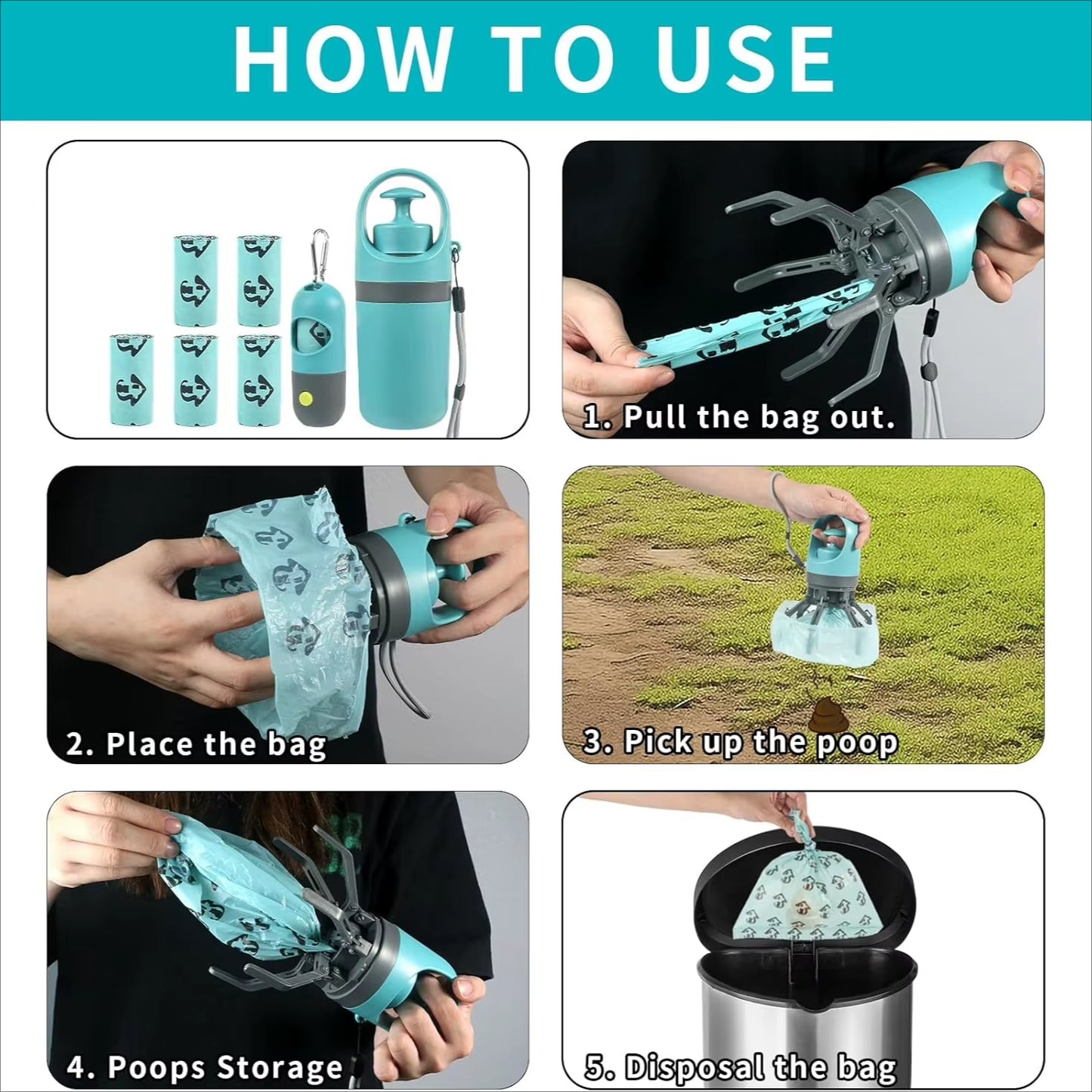 Dog Poop Scooper Set Claw Waste Picker with Leash Clip Poop Bag Dispenser LED Light Portable Hygienic Cleanup Tool for Pet Dogs