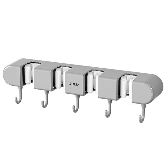 Broom Mop Holder with Hooks Wall Mounted Broom Storage Rack No Drilling Self-Adhesive Mop Broom Organizer for Bathroom