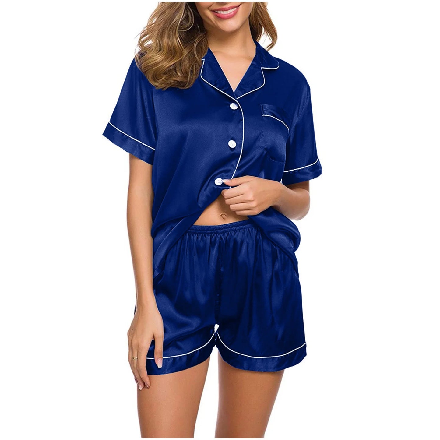 Satin Pajamas Set Women'S Short Sleeve Tops Sleepwear Soft Silk Button down Loungewear Comfy Pjs Shorts Set Homewear
