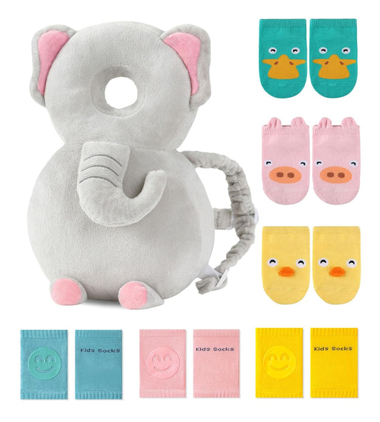 Toddler Baby Head Protector Backpack for Toddler Walker with Knee Pads&Anti-Slip Socks, Elephant